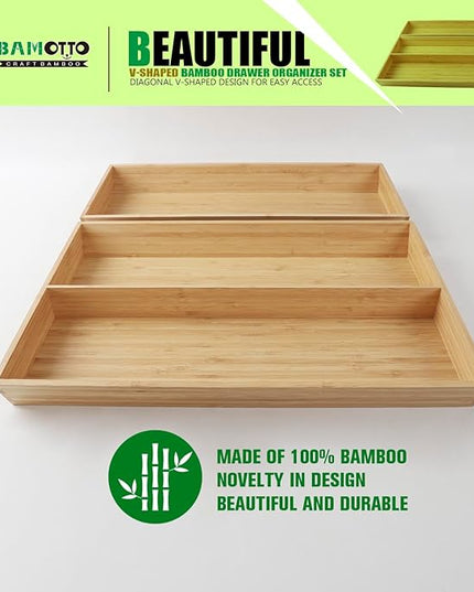2-Piece V-Shaped Bamboo Drawer Organizer - Ideal for Kitchen's Large Long Tableware, Cooking Utensils, Flatware, Silverware - Wood Storage Box for Home, Bedroom, Bathroom (19.6"x12.4" & 19.6"x7.8")