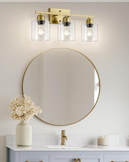 Modern Brushed Gold 3 Light Bathroom Light Fixtures, 19 inch Vanity Lights for Bathroom with Clear Glass, Bathroom Lighting Fixtures Over Mirror for Mirror Kitchen Living Room
