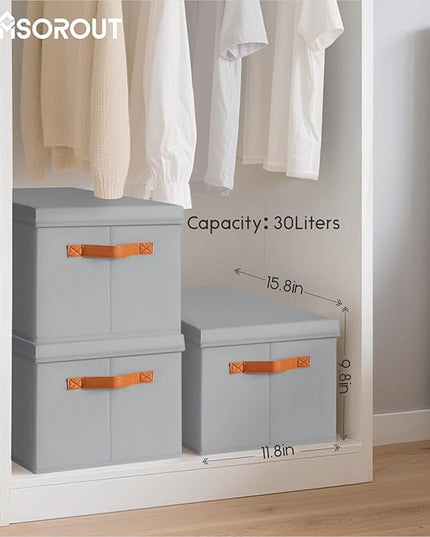 Storage Bins with Lids - Large Fabric Closet Bins with Lid, 5 Pack Clothes Organizers and Storage, Collapsible Stackable Cube Basket for Home, Office, Dorm, Grey