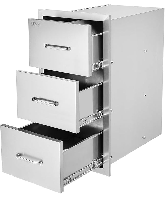 VEVOR Outdoor Kitchen Drawers 16" W x 28.5" H x 20.5" D, Flush Mount Triple Access BBQ Drawers with Stainless Steel Handle, BBQ Island Drawers for Outdoor Kitchens or BBQ Island Patio Grill Station