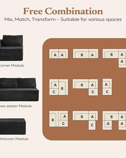 40" Modular Sectional Sofa, Upholstered Floor Sofa Couch with Pillow, Bean Bag Chair for Bedroom Living Room, No Assembly Required (Plush Corduroy Fabric, Black)
