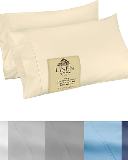 Linen Home 400 Thread Count King Pillowcase Set | 100% Long-Staple Cotton Pillow Cases | Soft & Smooth Luxury Satin Set of 2 Pillowcases | 4 Inch Z Hem | Ivory