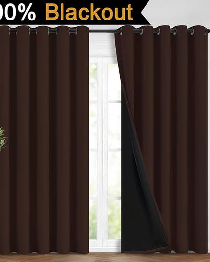 Yakamok 100% Blackout Curtains for Bedroom, 2 Thick Layers Thermal Insulated Grommet Total Blackout Drapes with Black Liner for Living Room (62Wx96L,Chocolate Brown, 2 Panels)