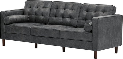 84 Inches Suede Leather Couch with Bolster Pillows, Comfy 3 Seater Sofa with Tufted Back Cushions, Modern Couch with Sturdy Legs for Living Room, Office, Bedroom, Grey