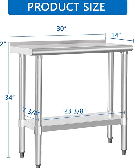 HARDURA Stainless Steel Commercial Work Table Prep Work Metal Table 14×30 Inches with Undershelf and 2" Backsplash Heavy Duty NSF 430 for Kitchen Food Prep