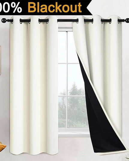 Yakamok 63 Inch Length 100% Blackout Curtains for Bedroom, 2 Thick Layers Thermal Insulated Grommet Total Blackout Drapes with Black Liner for Living Room (42Wx63L,Cream, 2 Panels)