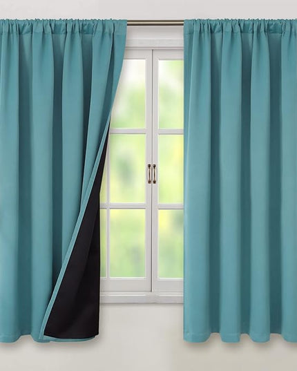 BGment 100% Blackout Curtains 63 Inches Long 2 Panels for Bedroom with Thermal Insulated Black Liner, Double Layer Room Darkening Curtains with Rod Pocket, Sea Teal, 42 x 63 Inch