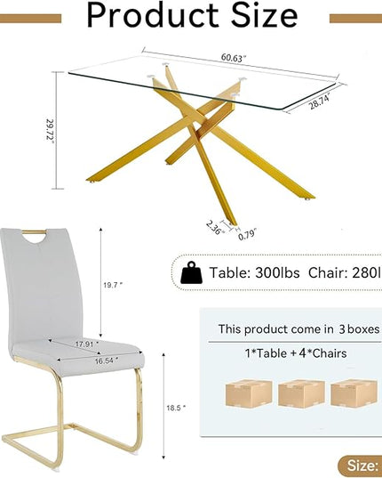 5 Piece Glass Dining Table Set, Glass Kitchen Dining Room Table Set for 4, 61" Modern Rectangular Gold Glass Metal Dining Table with 4 Grey PU Leather Dining Chairs for Kitchen Dining Room