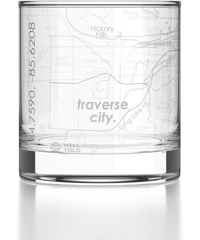 Well Told Engraved Traverse City Michigan Map Rocks Glass, Old Fashioned Glassware (11 oz, Clear) Etched Bourbon Tumbler, Gifts For Whiskey Lovers