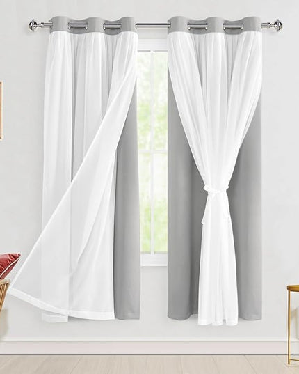 Hiasan Blackout Curtains with Sheer Overlay, Thermal Insulated Privacy Double Layer Mix & Match Window Curtains for Girls Bedroom, Living Room, 2 Drape Panels with Tiebacks, Silver Grey, 42W X 63L