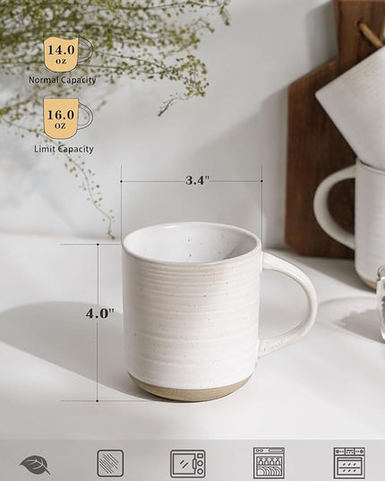 Kanwone Coffee Mugs 16oz, Stoneware Mugs Set, Ceramic Coffee Cups with Handle for Latte, Hot Tea, Cappuccino, Cocoa, Housewarming Wedding Gift, Microwave and Dishwasher Safe, Set of 6, Neutral White