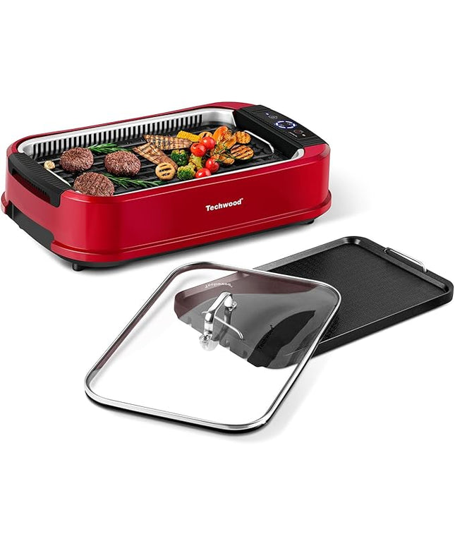 Indoor Smokeless Grill, Techwood 1500W Electric Indoor Grill with Tempered Glass Lid, Portable Non-stick Korean BBQ, Turbo Smoke Extractor Technology, Drip Tray& Double Removable Plate, Red