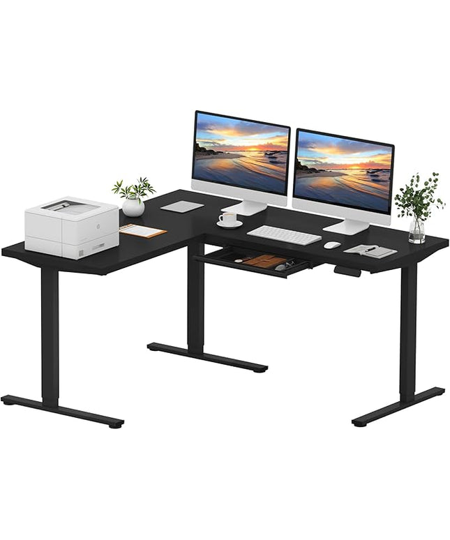 SANODESK L Shaped Electric Standing Desk with Drawer, 63 Inch Ergonomic Adjustable Height Desk with Storage, Corner Desk Sit Stand up Computer Table for Work Office Home, Black