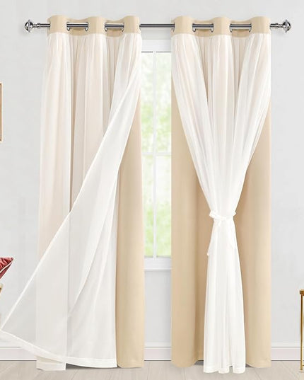 Hiasan Mix & Match Blackout Curtains with Sheer Overlay, Thermal Insulated Privacy Double Layer Room Darkening Window Curtains for Bedroom, Living Room, 2 Panels with Tiebacks, Beige, 42W X 84L