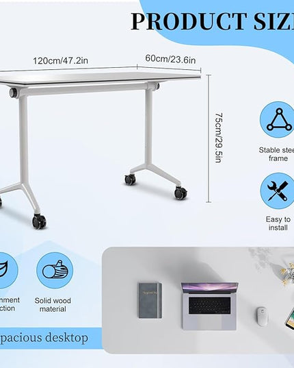 Conference Table, Folding Conference Room Tables, Modern Flip Top Seminar Training Meeting Table with Wheels, Modular Foldable Conference Tables for Home Office Classr (White 2 Pack, 47.2inch)