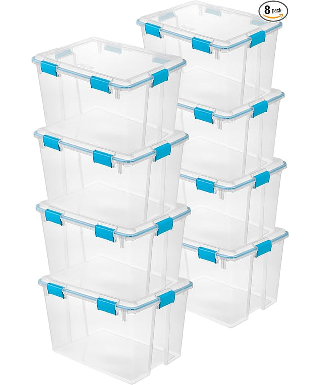 Sterilite 8-Pack Gasket Box, Weather-Resistant Storage Bins with Latching Lids, 80 Quart - Heavy-Duty Organizing Containers for Closet, Bathroom, and Office