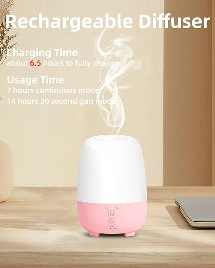 Cordless Essential Oil Diffuser 150ML, Rechargeable Battery, 7H Runtime, 7 LED Lights, Mini Portable Aromatherapy Diffuser for Home, Office, Bathroom, Travel