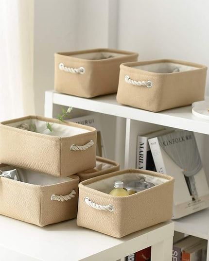 TheWarmHome Storage Basket for Organizing - Small 6 Pack 11.8x7.8x5.2 inch Fabric Storage Cubes with Cotton Rope Handle, Collapsible Storage Bins Baby Storage Toy Nursery (Beige)