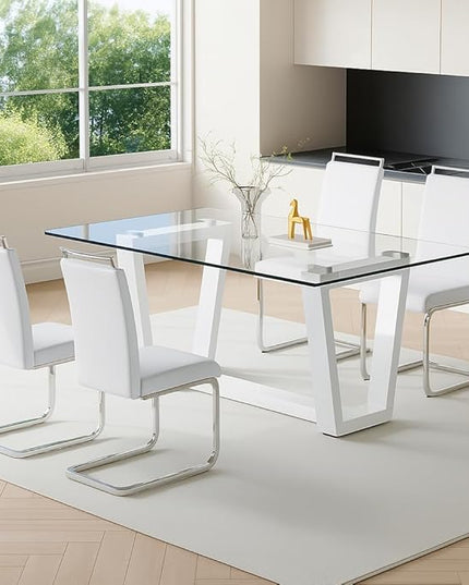 Ebullient Glass Dining Table Set for 4, Modern Dining Table Set for 4, Tempered Glass Tabletop with White MDF Trapezoid Legs, Rectangle Kitchen Table with 4 Faux Leather Chairs for Home, Apartment