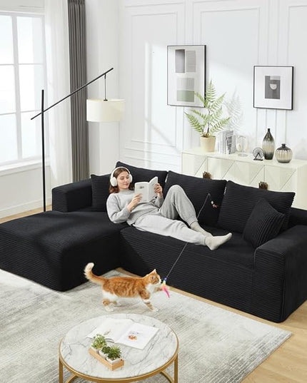 PELUMY 108.7" L-Shaped Modular Sectional Sofa with Oversized Chaise, Cloud Couch with Memory Foam, No Assembly Required Sleeper Sofa for Small Space Living Room, Apartment (Black, Corduroy)