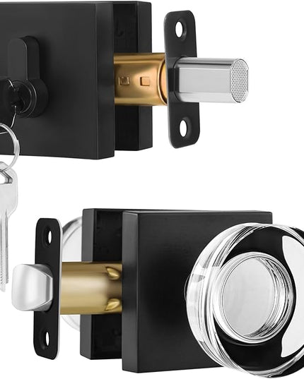 Exterior Glass Door Knob With Single Cylinder Deadbolt Lockset, Entry Crystal Door Knob, Black Front Door Lock Set, Matte Black Handle