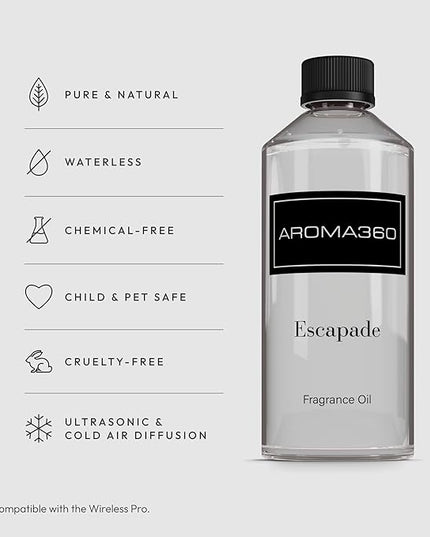 Aroma360 - Escapade Fragrance Oil Scent - Luxury Aromatherapy Scent Diffuser Oil - Hints of Lemon, Ocean, Bergamot, & Fragrant Jasmine - for Essential Oil Diffusers - for Home & Office - 500mL