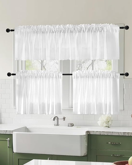 Anmao Non-See-Through Valance Kitchen Curtains 18 Inch Length 2 Panels Set, Bright White Privacy Light Filtering Semi Sheer Over Sink Short Cafe Curtain Tiers for Small Windows, 25W x 18L, Pure White