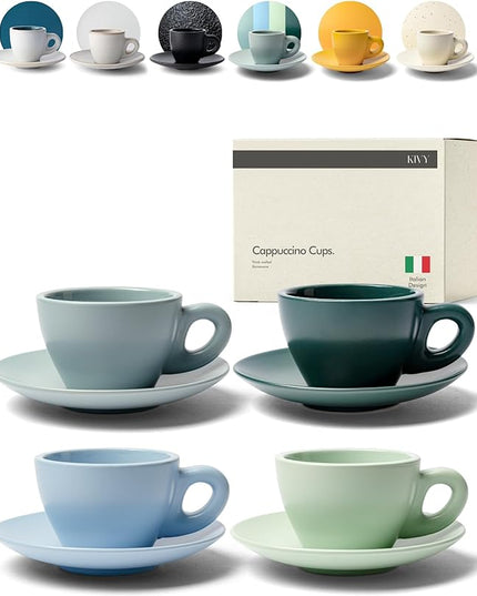 KIVY Cappuccino cups set of 4 [8oz] - Thick-walled stoneware cappuccino cup set for latte art - Cappuccino coffee cups - Tazas de cafe - Latte cups - Latte art cup and saucer set of 4 - Green, Blue