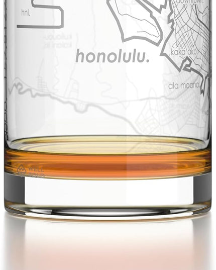 Well Told Engraved Honolulu Hawaii Map Rocks Glass, Old Fashioned Glassware (11 oz, Clear) Etched Bourbon Tumbler, Gifts For Whiskey Lovers