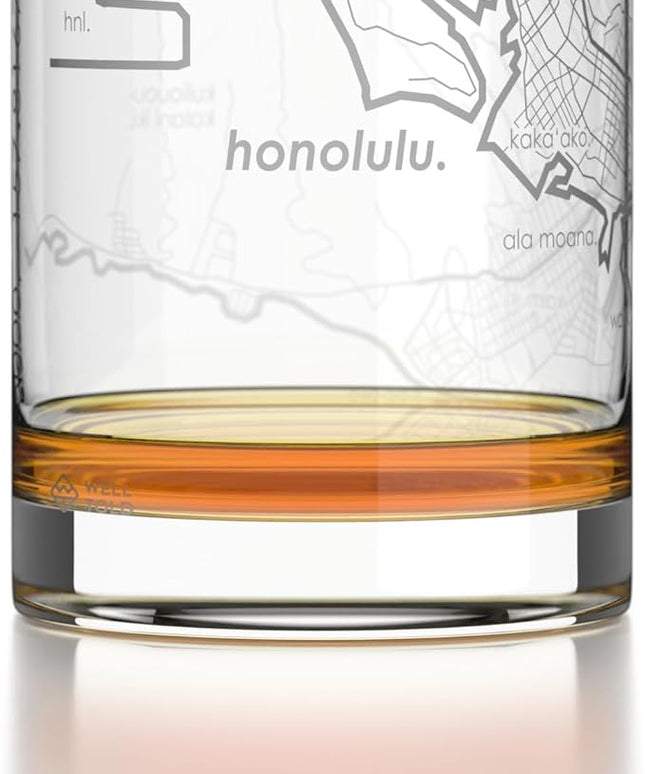 Well Told Engraved Honolulu Hawaii Map Rocks Glass, Old Fashioned Glassware (11 oz, Clear) Etched Bourbon Tumbler, Gifts For Whiskey Lovers