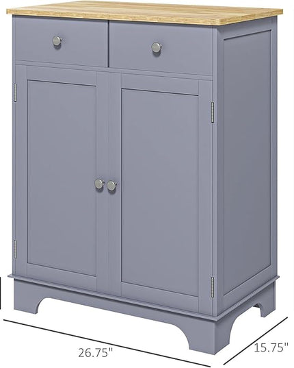 HOMCOM Sideboard with Solid Wood Countertop, Modern Kitchen Storage Cabinet, Coffee Bar Cabinet with 2 Drawers, Doors and Adjustable Shelf, Gray