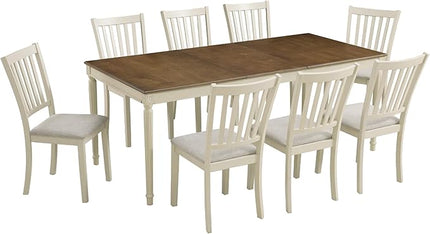 AMERLIFE 9-Piece Farmhouse Solid Wood Dining Table Set with 8 Upholstered Chairs, Roman Conical Legs, Seats up to 8, 79'' Dining Table & Chairs Set for Kitchen and Dining Room, Rustic Cream