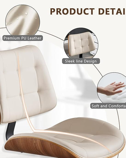 Home Office Desk Chair with Wheels, Adjustable Height Armless Office Chair, PU Leather Mid Back 360° Small Computer Chair, Modern Walnut Chair No Arms for Office, Reading Meeting Room(Beige)
