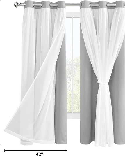 Hiasan Blackout Curtains with Sheer Overlay, Thermal Insulated Privacy Double Layer Mix & Match Window Curtains for Girls Bedroom, Living Room, 2 Drape Panels with Tiebacks, Silver Grey, 42W X 63L