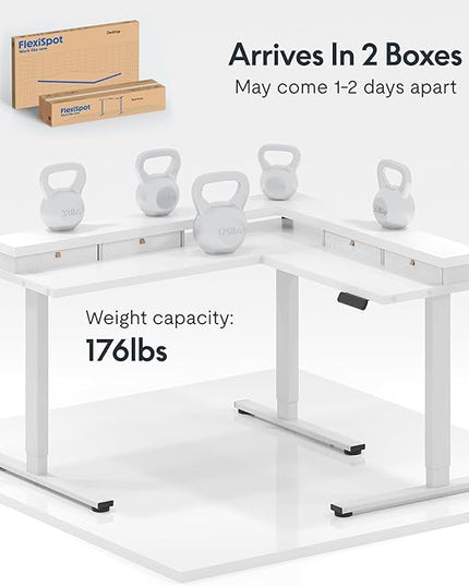 FLEXISPOT 71" Large L Shaped Standing Desk Electric Corner Table with Shelf, 4 Storage Drawers, Adjustable Computer Workstation for Home, Office, Game, Studio, White Top + White Frame