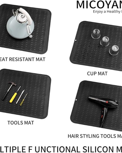 Silicone Dish Drying Mat for Multiple Usage,Easy clean,Eco-friendly,Heat-resistant Silicone Mat for Kitchen Counter or Sink,Refrigerator or Drawer Liner Black XL 18 inches x 16 inches