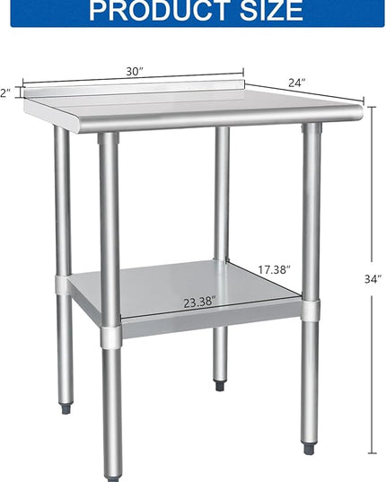 HARDURA Stainless Steel Table Prep & Work Table 24 x 30 Inches NSF Heavy Duty Commercial with Undershelf and Backsplash for Restaurant Kitchen Home and Hotel