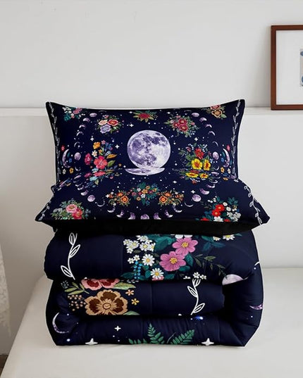 Sun and Moon Kids Comforter Set Queen Size,Starry Sky Galaxy Trippy Bedding Set,Boys Girls Adults Room Decor,Flowers Boho Exotic Retro Down Comforter,Colorful Mystical Duvet Insert,2 Pillowcases