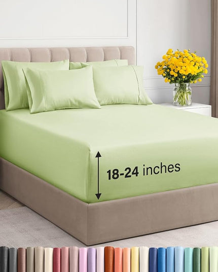 Extra Deep Queen Sheet Set - 6 Piece Breathable & Cooling Sheets - Hotel Luxury Bed Sheets Set - Easy & Secure Fit - Soft, Wrinkle Free & Comfy Sheets Set - Light Sage Sheet Set w/Extra Deep Pockets