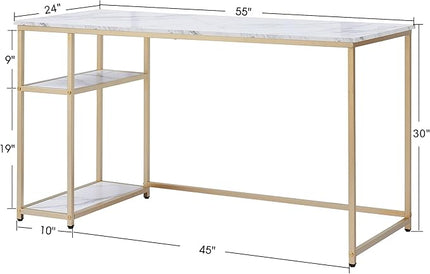 ivinta Computer Desk, Home Office Desk with Storage Shelves for Living Room, Bedroom, Office, Whale-ML55 (White and Gold, 55")