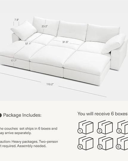 Cloud Couch Oversized Modular Sectional Sofa True Relax Comfy Couches Wide&Deep Seat Sofas for Living Room Metal Frame Furniture Sets, 3 Seater with 3 Ottomans 110.2" Width
