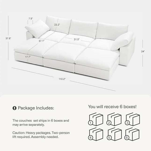 Cloud Couch Oversized Modular Sectional Sofa True Relax Comfy Couches Wide&Deep Seat Sofas for Living Room Metal Frame Furniture Sets, 3 Seater with 3 Ottomans 110.2" Width