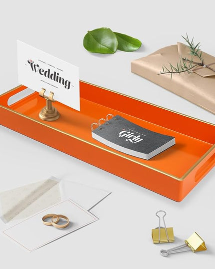 Orange Bathroom Vanity Tray for Countertop, Small Plastic Toilet Tank Versatile Storage & Organization Tray for Makeup, Perfume, Desk, Kitchen, Candles, 13.7"x6"x1.4", 35O