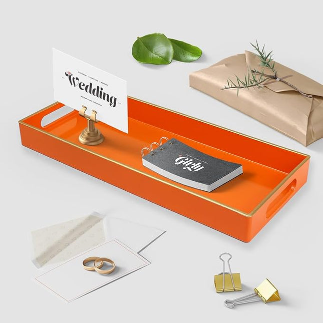 Orange Bathroom Vanity Tray for Countertop, Small Plastic Toilet Tank Versatile Storage & Organization Tray for Makeup, Perfume, Desk, Kitchen, Candles, 13.7"x6"x1.4", 35O