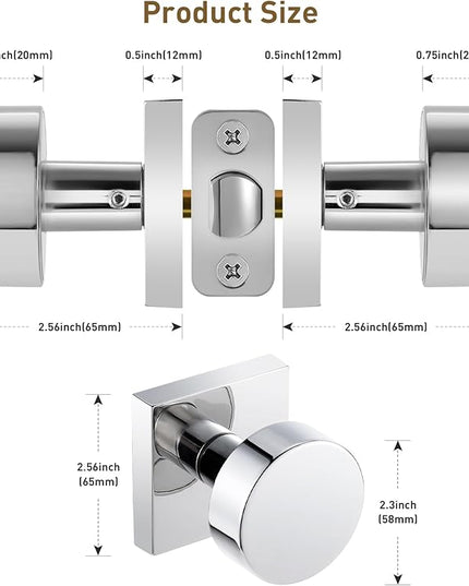 Polished Chrome Closet Door Knob, Modern Round Passage Door Handle for Hallway