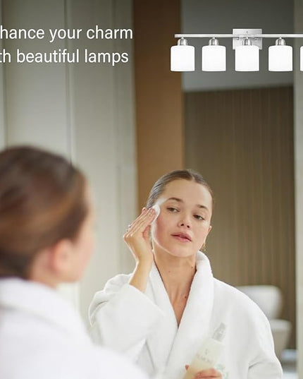 5 Light Bathroom Light Fixtures Brushed Nickel, Bathroom Vanity Light with Milky White Frosted Glass Shade, Vanity Lights for Mirror Bedroom Living Room E26 Base