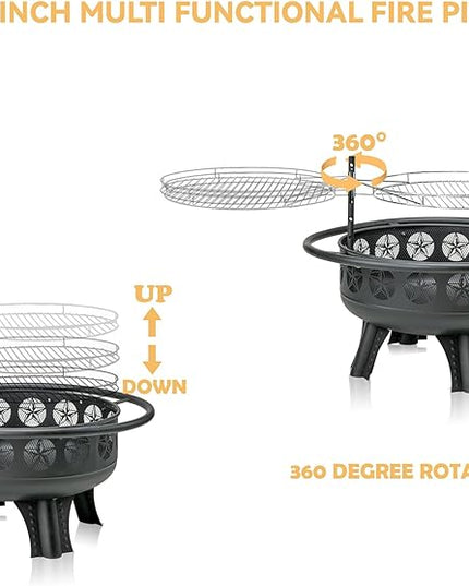 32 Inch Fire Pit with Swivel Cooking Grate,3-in-1 Wood Burning Firepit with Grill,Outdoor Fire Pits Table with Metal Lid and Poker for Outside Patio Backyard BBQ Bonfire Camping (32 Inch)