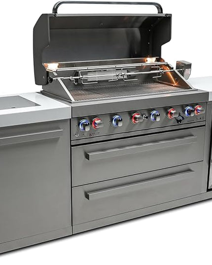 Mont Alpi MAi805- DFC 6 Burner 44-inch Stainless Steel Deluxe Modular Outdoor Kitchen Island BBQ Grill with Fridge Cabinet + Side Burner + Granite Countertops & Sides + Rotisserie and Grill Cover
