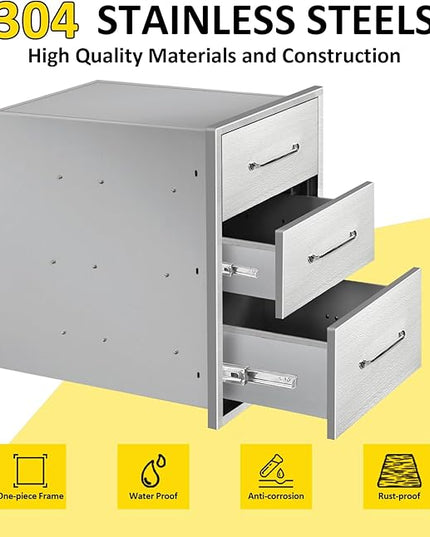 Outdoor Kitchen Drawers 14" W x 21"H x 21"D Stainless Steel Drawer Flush Mount Triple BBQ Drawers with Chrome Handle for Outdoor Kitchen Island, Patio Grill Station