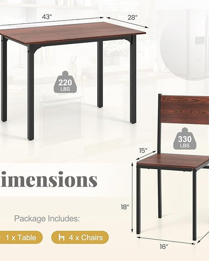 Giantex Dining Table Set for 4, 5-Piece Kitchen Table Set with Dinner Table, Dining Chairs, Metal Frame, Space-Saving Dinette Set for Living Room Restaurant, Breakfast Nook Table Set (Walnut)